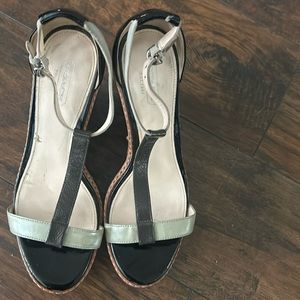 Coach wedge sandal with Optic C. Size 7.5. Patent leather and suede strap.
